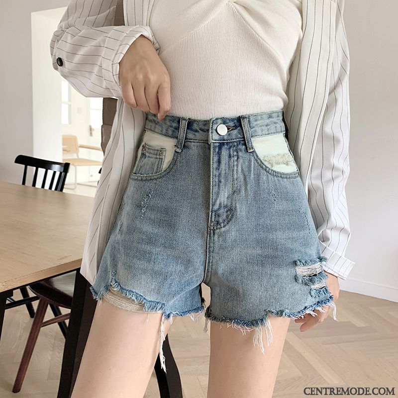 Shorts Femme A Lettre Été Des Trous Courte Pantalon Chaud Tendance Bleu