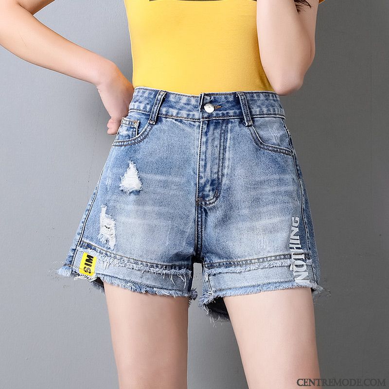 Shorts Femme Denim Baggy Été Mince Haute Cintrée Troués Bleu Clair