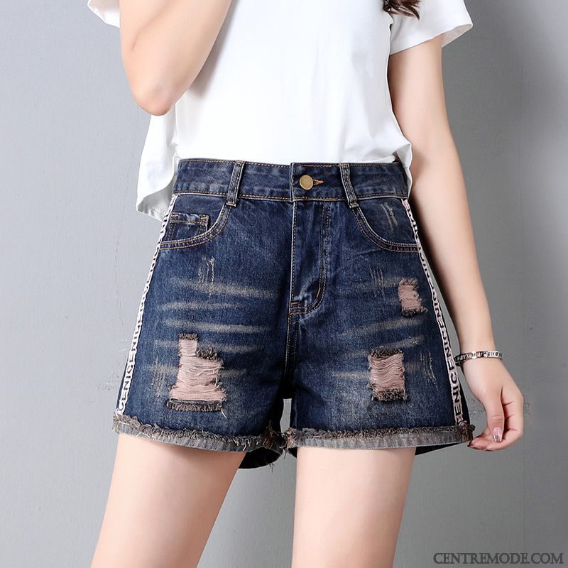 Shorts Femme Denim Haute Cintrée A Lettre Mince Pantalon Chaud Baggy Bleu Marin