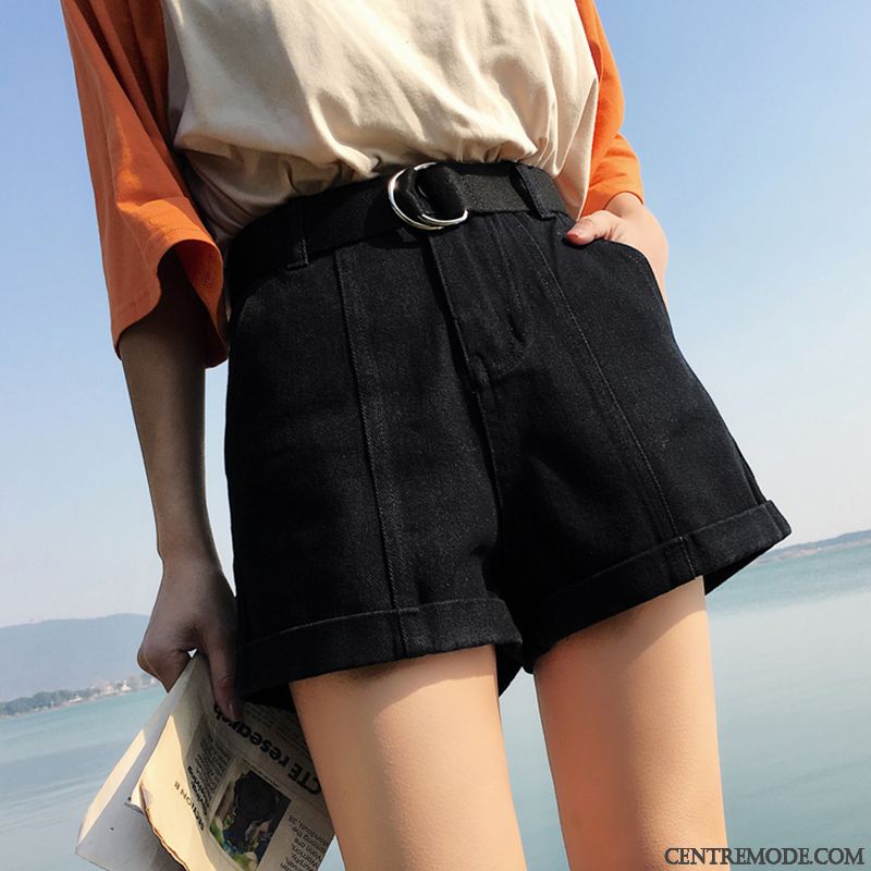 Shorts Femme Denim Printemps Été Haute Cintrée Baggy Ultra Noir Rouge