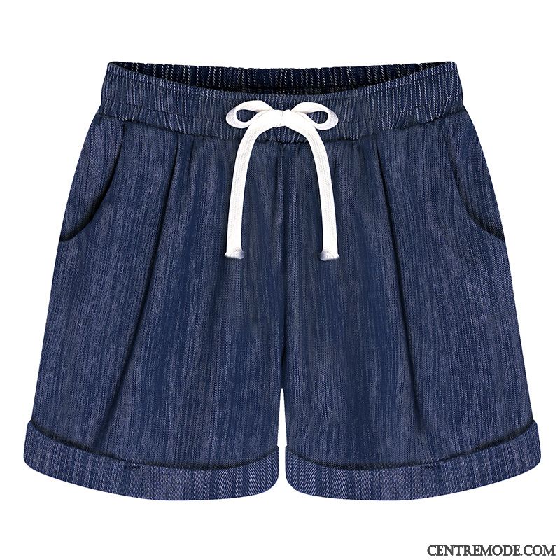 Shorts Femme Extensible Haute Cintrée Été Graisse Coton Bio Baggy Bleu Marin