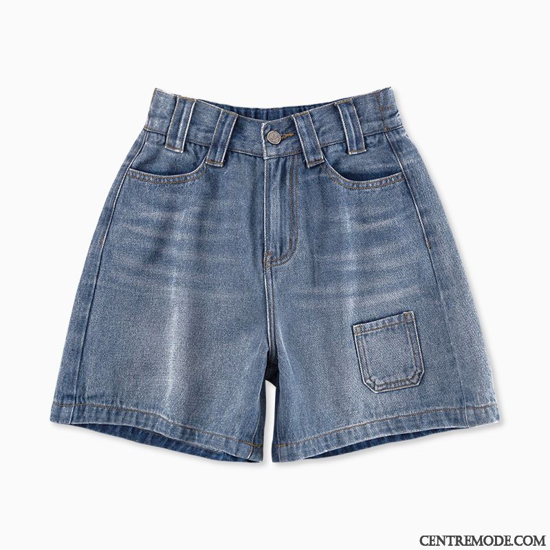 Shorts Femme Jambe Droite Haute Cintrée Baggy Légère Cinquième Pantalon Denim Bleu Marin Bleu