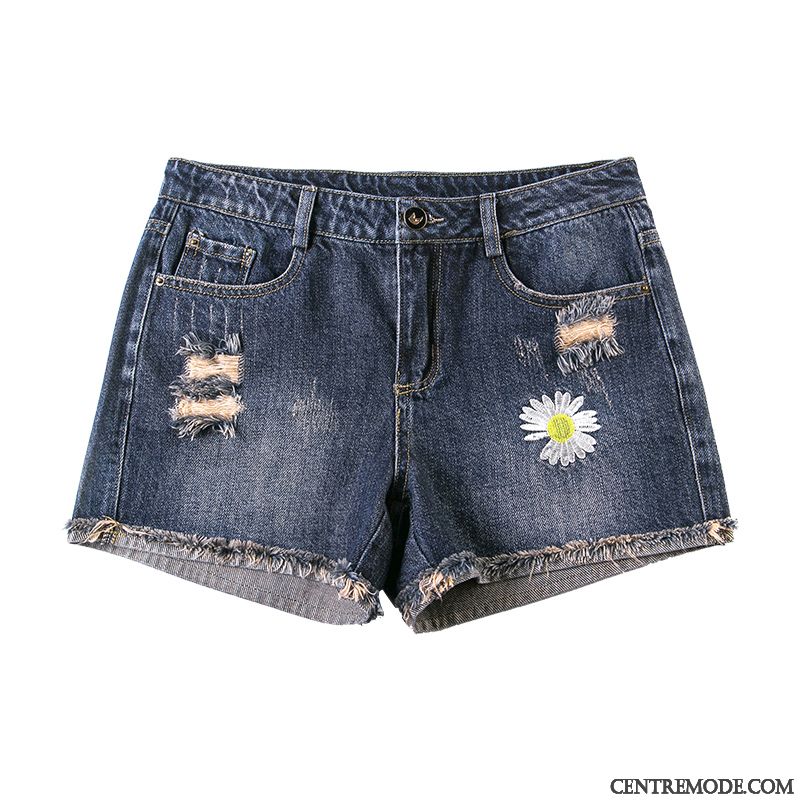 Shorts Femme Mince A Lettre Haute Cintrée Petite Marguerite Troués Tendance Bleu Marin