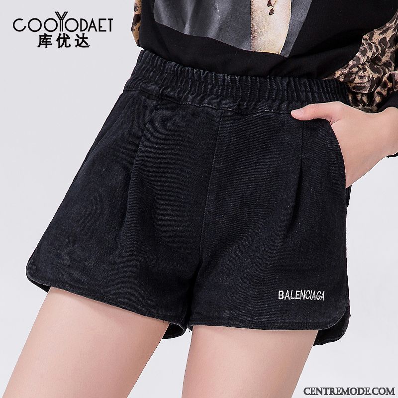 Shorts Femme Mince Haute Cintrée Denim Élastique Outwear A Lettre Noir