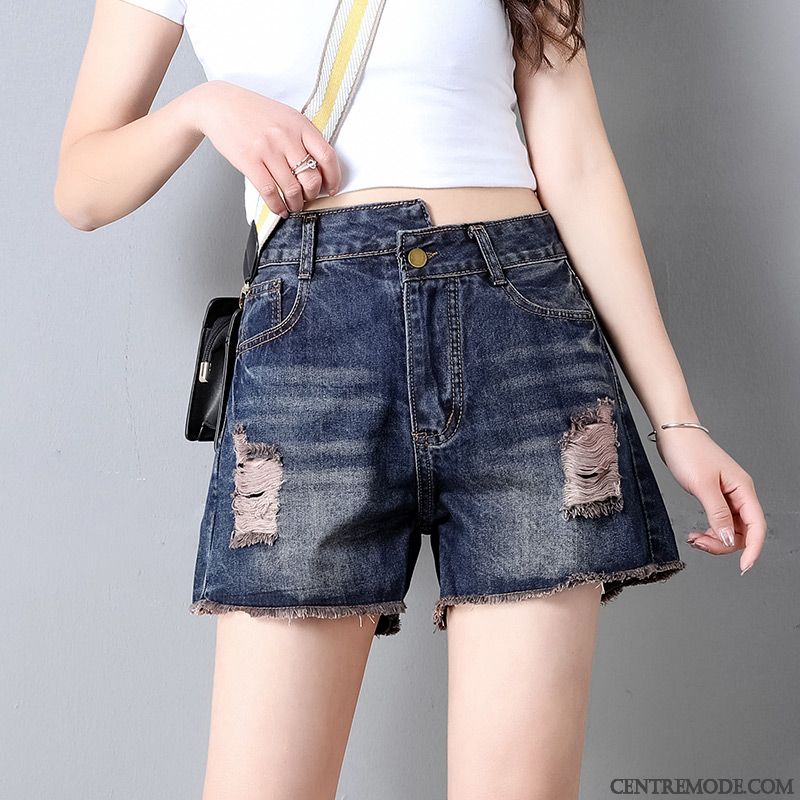 Shorts Femme Tendance Baggy Pantalon Chaud Mince Des Trous Haute Cintrée Bleu Marin