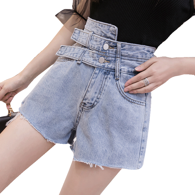 Shorts Femme Tendance Été Mode Pantalon Chaud Haute Cintrée Mince Bleu
