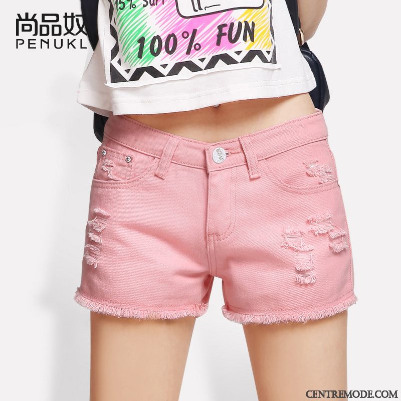 Shorts Femme Été Denim Étudiant Troués Baggy Bord Blanc Rose