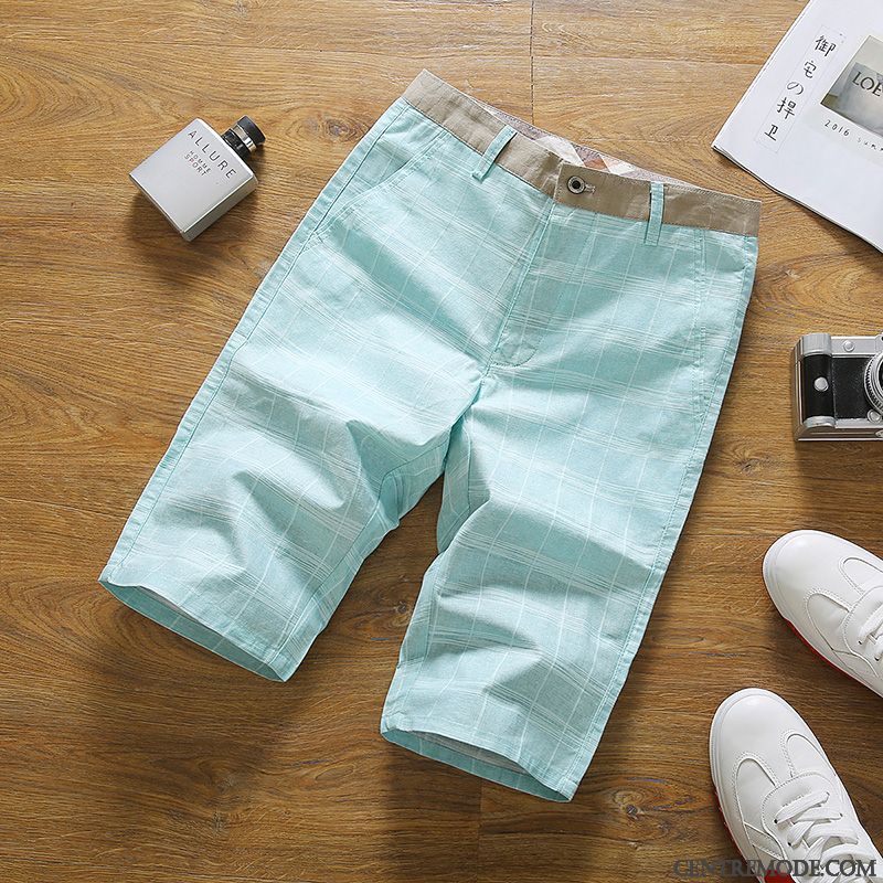 Shorts Homme Carreaux Slim Légère Décontractée Cinquième Pantalon Tendance Vert