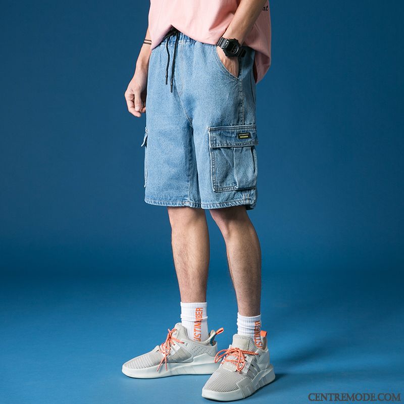 Shorts Homme Pantalon Été Légère Denim Marque De Tendance Baggy Bleu