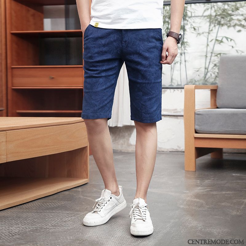 Shorts Homme Été Décontractée Plage Cinquième Pantalon Jambe Droite Légère Impression Bleu