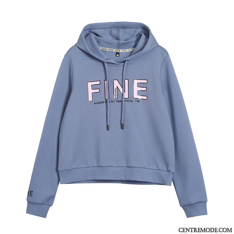 Sweat À Capuche Femme Baggy Court Printemps Hoodies Une Veste Tendance Impression Bleu