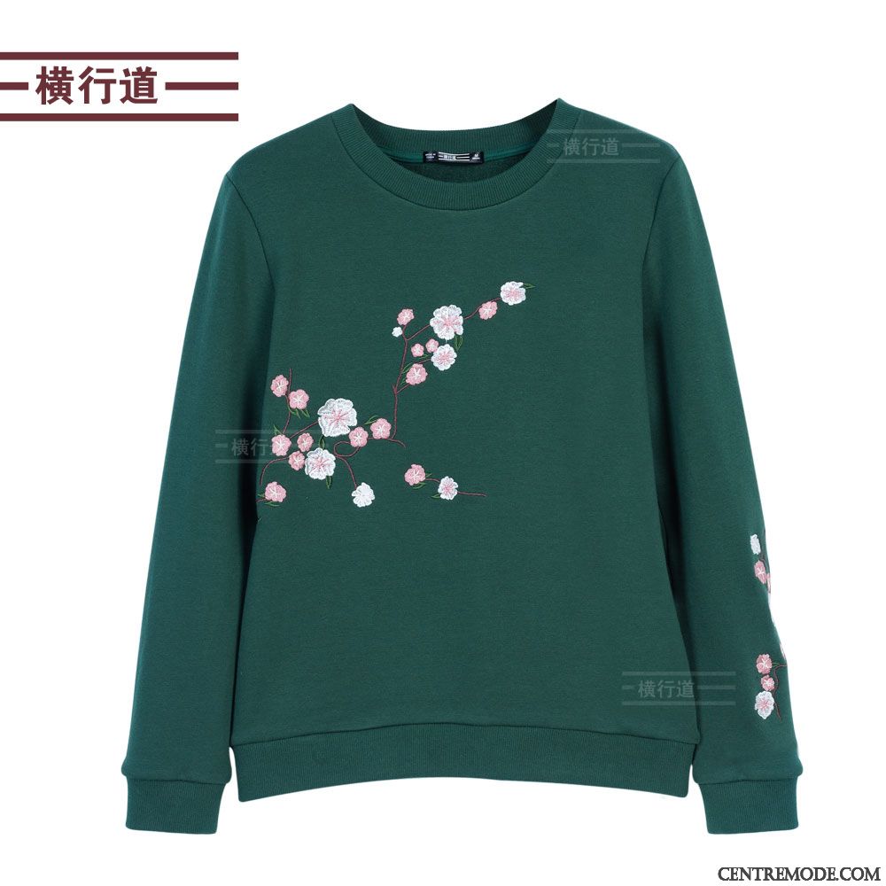 Sweat À Capuche Femme Broderie Dame Printemps Décontractée Épaissir Col Rond Vert