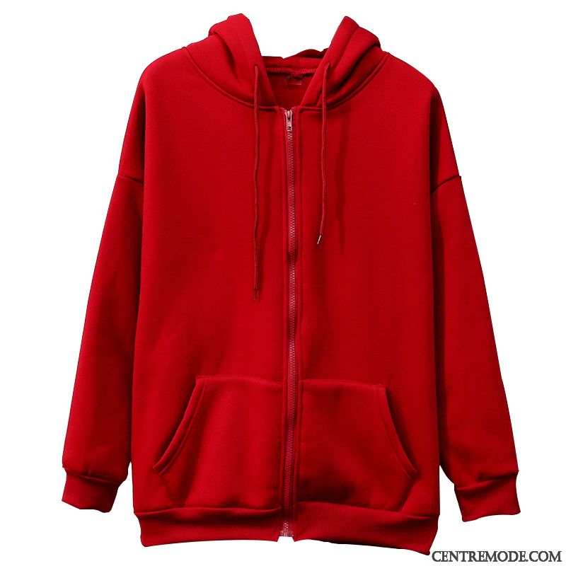 Sweat À Capuche Femme Cardigan Fermeture Éclair Hoodies Baggy Étudiant L'automne Pure Rouge