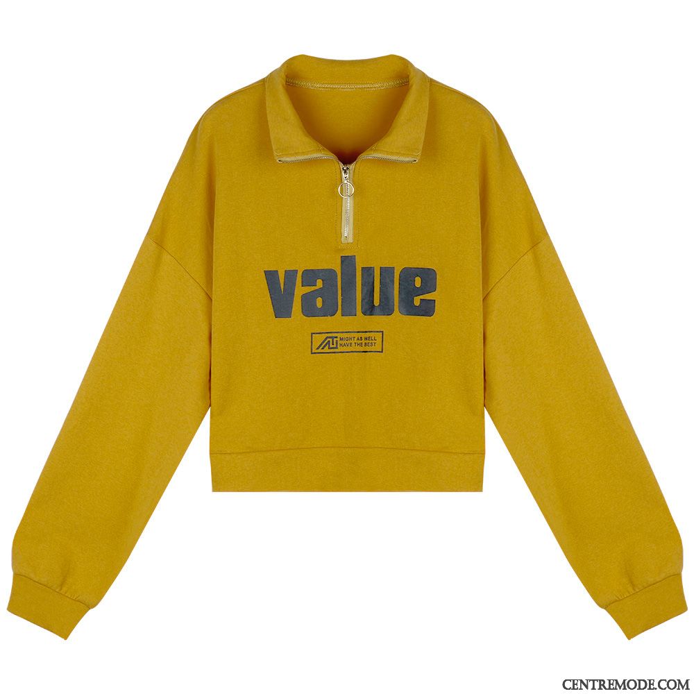 Sweat À Capuche Femme Col Mandarin Longues Hoodies Baggy Court L'automne Impression Jaune