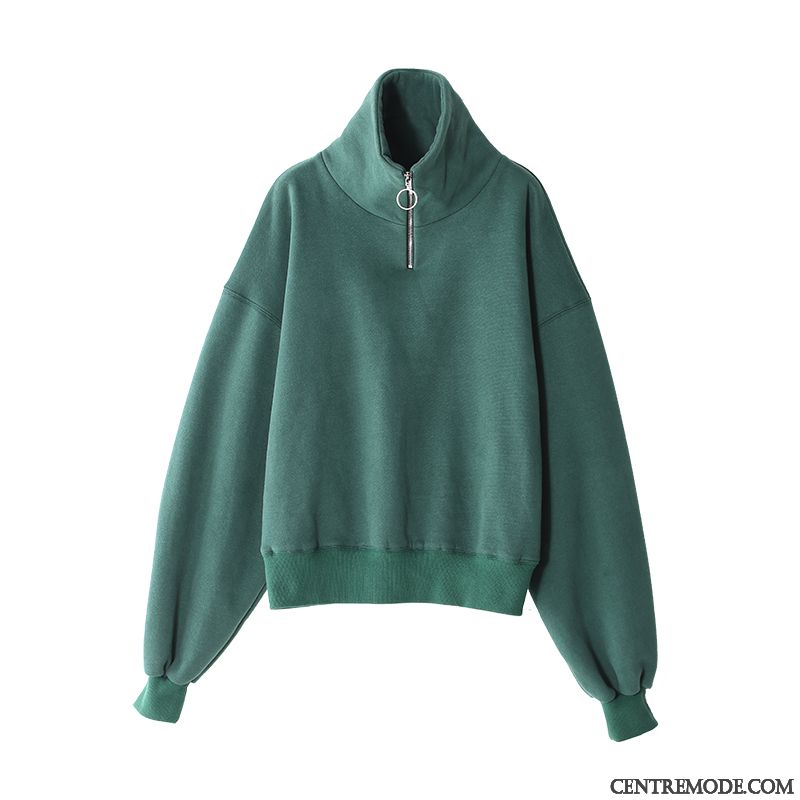 Sweat À Capuche Femme Fermeture Éclair Une Veste Manche Baggy Pullovers Printemps Vert Foncé