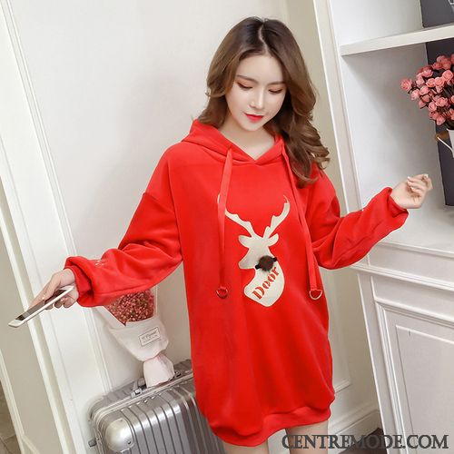 Sweat À Capuche Femme Hoodies L'automne Hiver Baggy Cerf Reversible Rouge Or