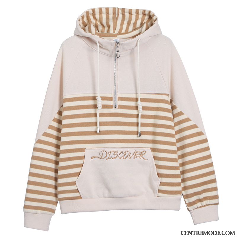 Sweat À Capuche Femme Kaki Rayé Manteau Baggy Hoodies Tendance