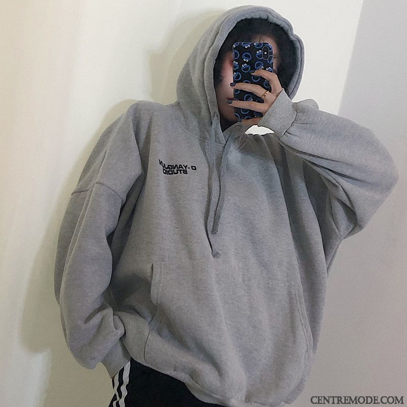 Sweat À Capuche Femme Lettre Longues Hoodies Tendance L'automne Une Veste Impression Gris
