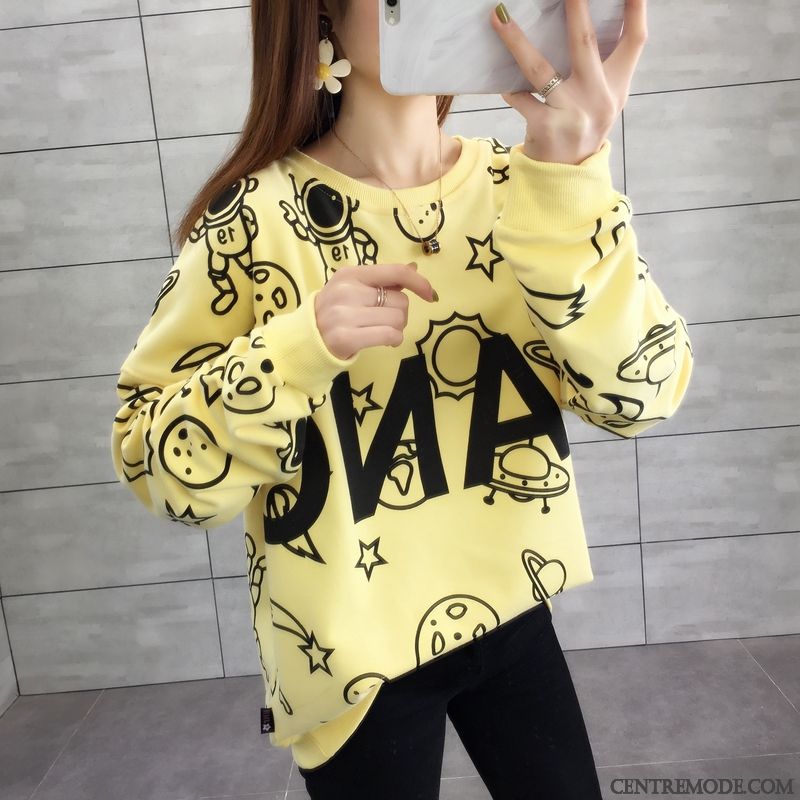 Sweat À Capuche Femme Lettre Pullovers Col Rond Hoodies Mode Printemps Jaune