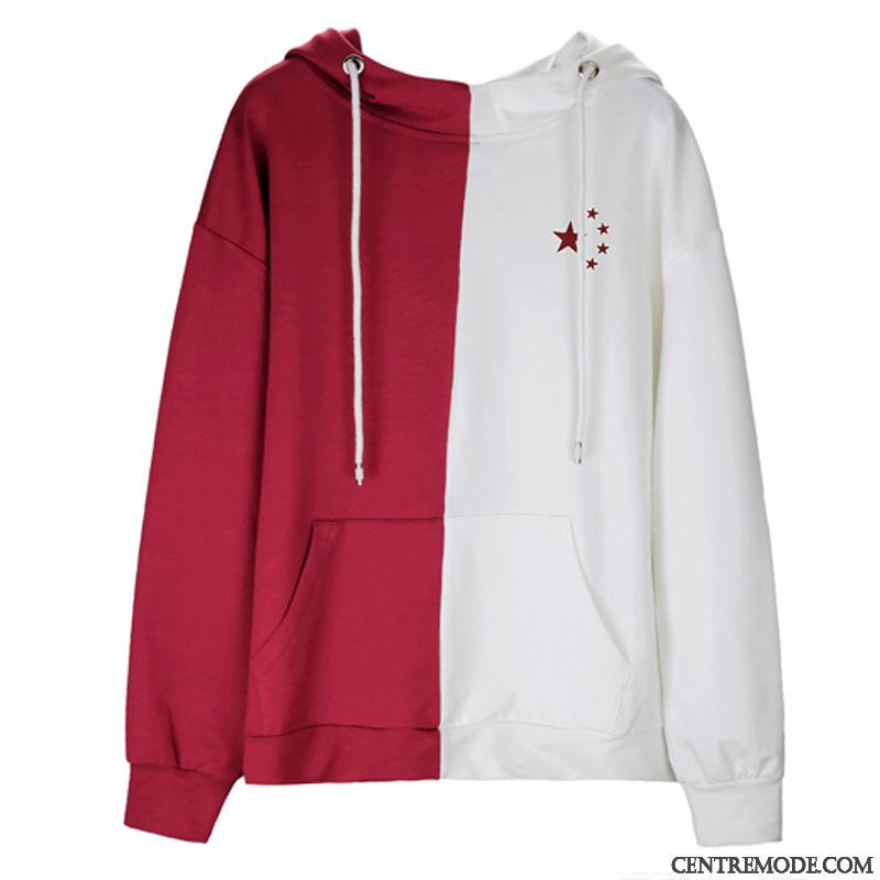 Sweat À Capuche Femme Pentacle Longues Baggy Pullovers Une Veste Épissure Bordeaux Impression Couleur De Contraste Blanc Rouge