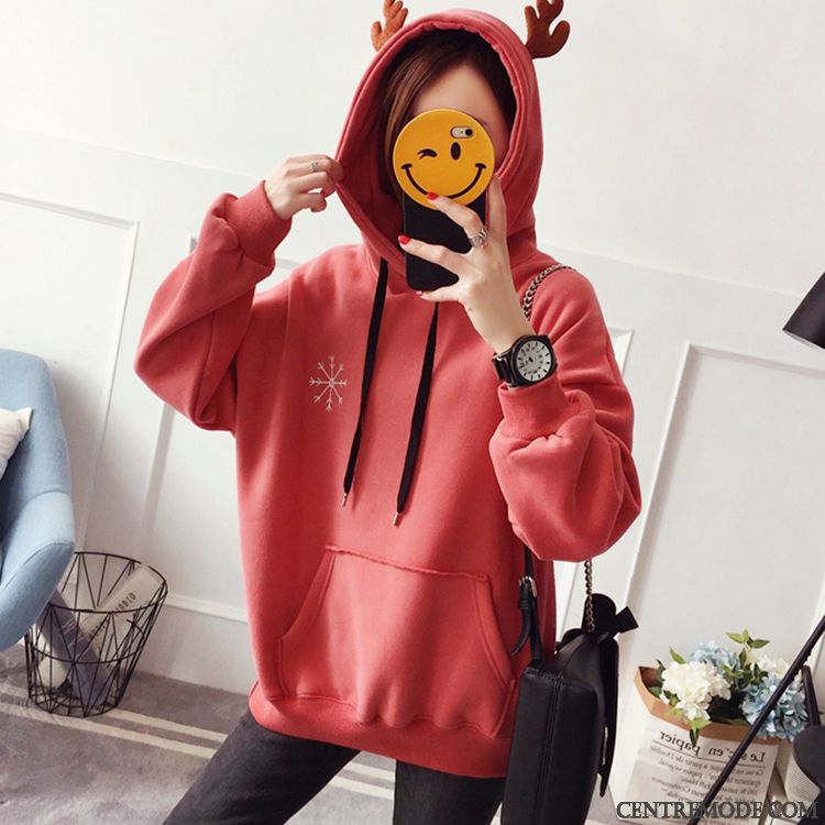 Sweat À Capuche Femme Plus De Velours Hoodies Hiver Longues Épaissir Manteau Rouge