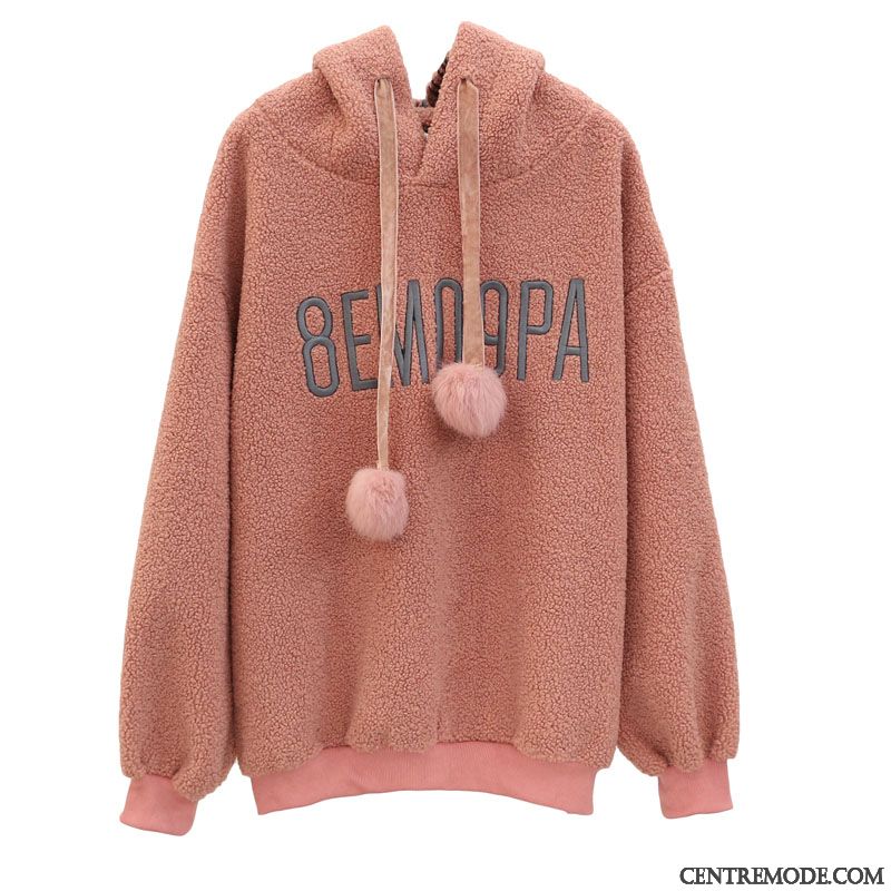 Sweat À Capuche Femme Pullovers Épaissir L'automne Manteau Baggy Plus De Velours Rouge Rose