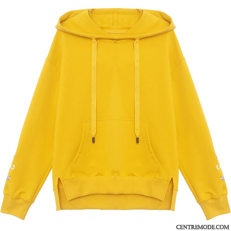 Sweat À Capuche Femme Une Veste Broderie L'automne Décontractée Manteau Longue Jaune