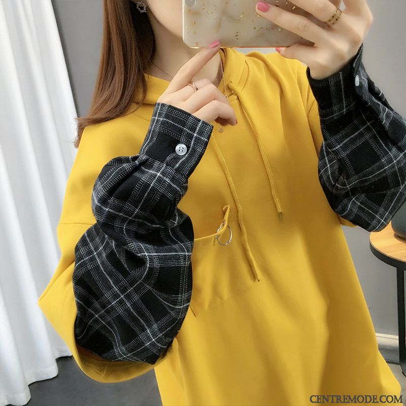 Sweat À Capuche Femme Épissure Hoodies Une Veste Baggy Tendance Pullovers Jaune