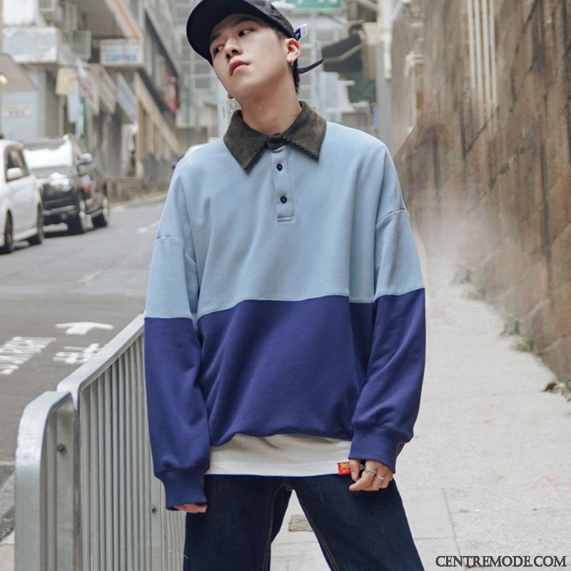 Sweat À Capuche Homme Beau Baggy Manteau Rue Revers Roulé Polo Couleurs Mixtes Bleu