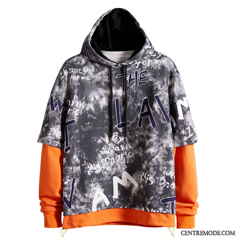 Sweat À Capuche Homme Graffiti Manteau L'automne Hip Hop Deux-pièces Tendance Gris