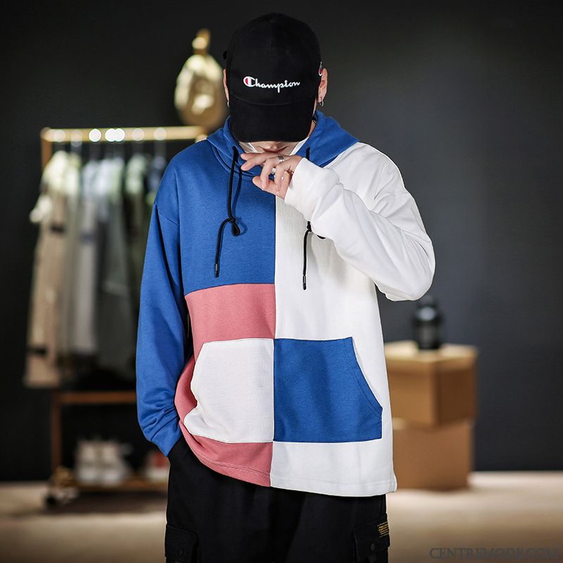 Sweat À Capuche Homme Marque De Tendance Manteau L'automne Longues Beau Une Veste Couleurs Mixtes Bleu