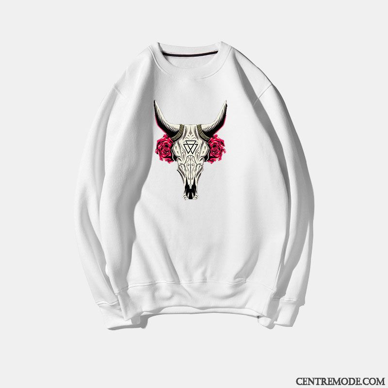 Sweat À Capuche Homme Tendance Col Rond Étudiant Décontractée Mince Rétro Impression Blanc