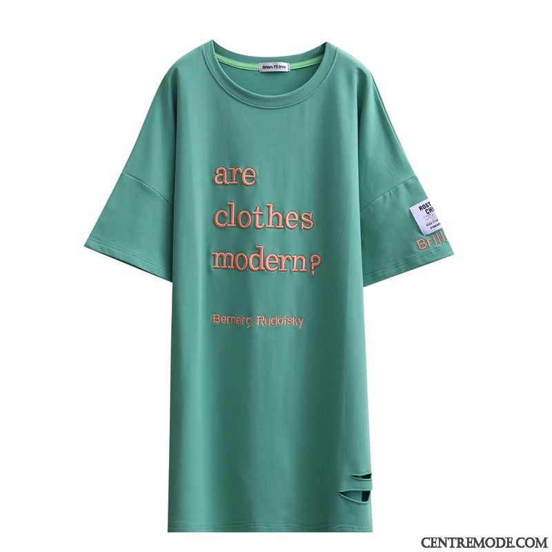 T-shirts Femme Brodé Été Courte Une Veste Longue Chemise En Bas Vert