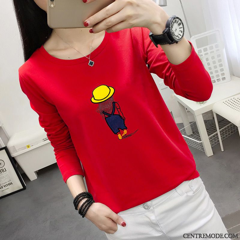 T-shirts Femme Chemise En Bas Mince Printemps Broderie T-shirt Long Coton Bio Rouge