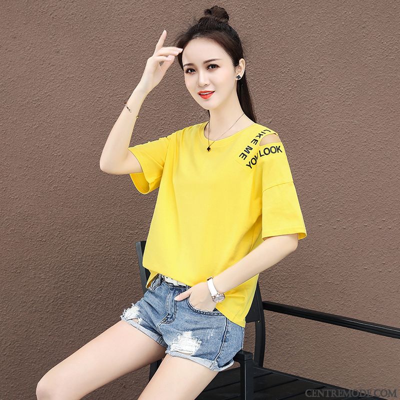 T-shirts Femme Courte Haute Fille Étudiant Baggy Été Jaune