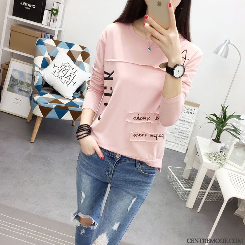 T-shirts Femme Mince Outwear Baggy T-shirt Long L'automne Étudiant Blanc Rose