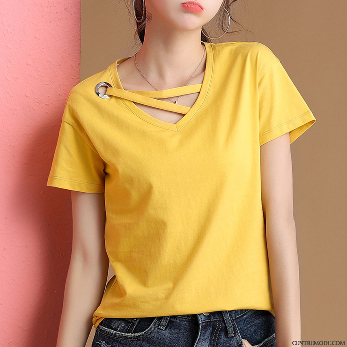 T-shirts Femme Slim Tendance Courte Été Baggy Une Veste Rouge Jaune