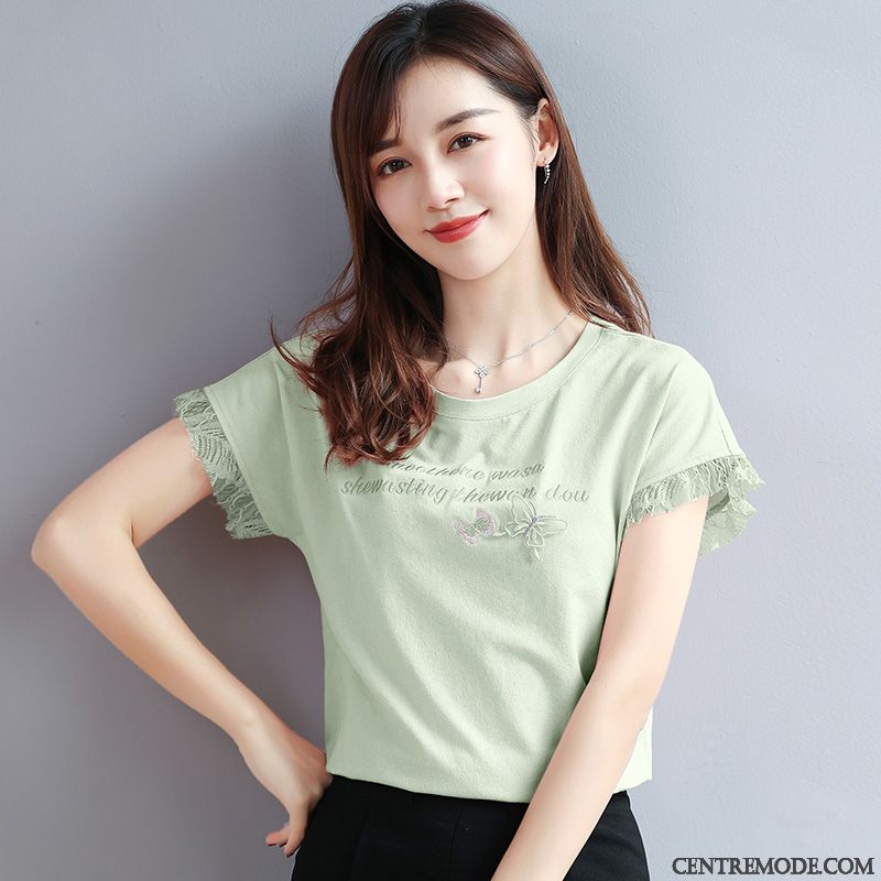 T-shirts Femme Tendance Demi Manche Baggy Été Courte Brodé Rose Vert