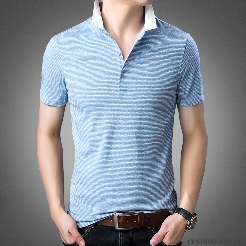 T-shirts Homme Baggy Soie De Glace Tendance Revers Roulé Âge Moyen Été Bleu
