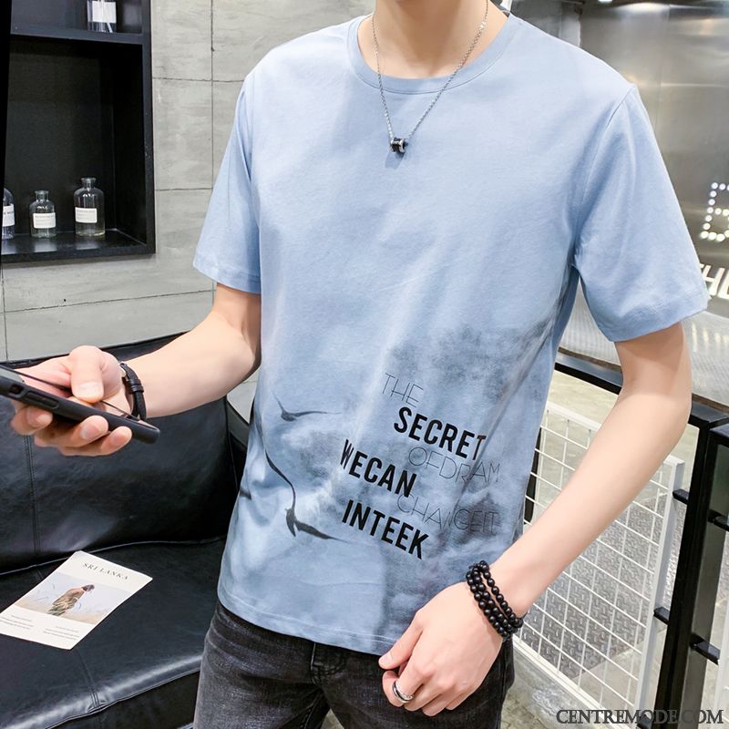 T-shirts Homme Courte Tendance Été Baggy Étudiant Demi Manche Bleu Blanc