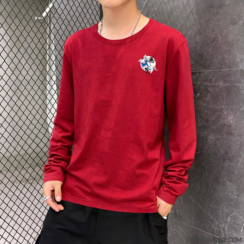 T-shirts Homme Décontractée Tendance L'automne Une Veste T-shirt Long Col Rond Rouge