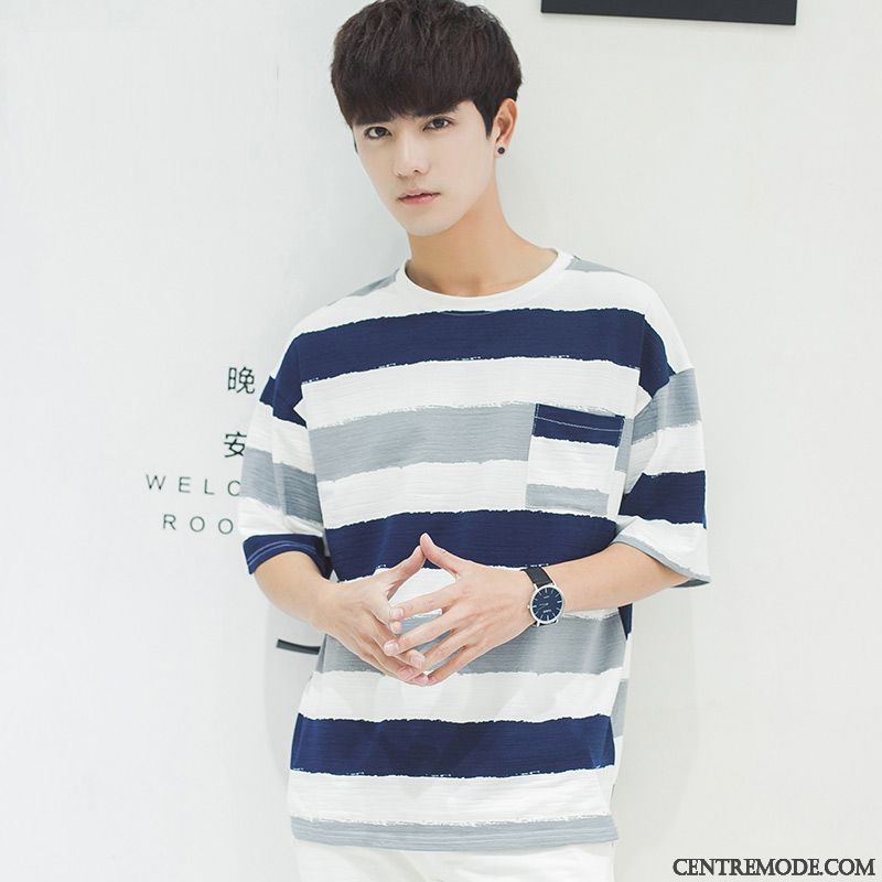 T-shirts Homme Rayé Demi Manche Chemise En Bas Col Rond Baggy Courte Bleu