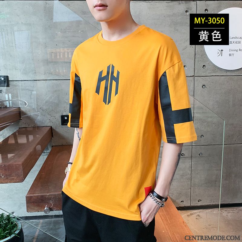 T-shirts Homme Tendance Demi Manche Marque De Tendance Coton Bio Baggy Été Jaune