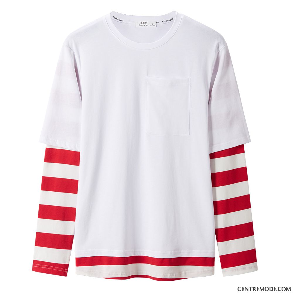 T-shirts Homme Une Veste Deux-pièces Chemise En Bas L'automne Rayé Col Rond Couleur De Contraste Blanc