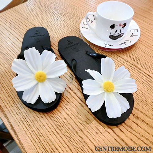 Tongs Femme Plates Tendance Sandales Mode Fleurs Charmant Noir