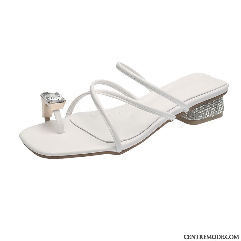 Tongs Femme Tongs Chaussons Outwear Épais Plage Été Imitation Strass Blanc