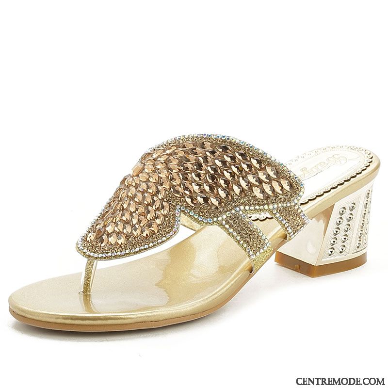 Tongs Femme Épais Été Antidérapant Imitation Strass Tongs Chaussons Outwear Or