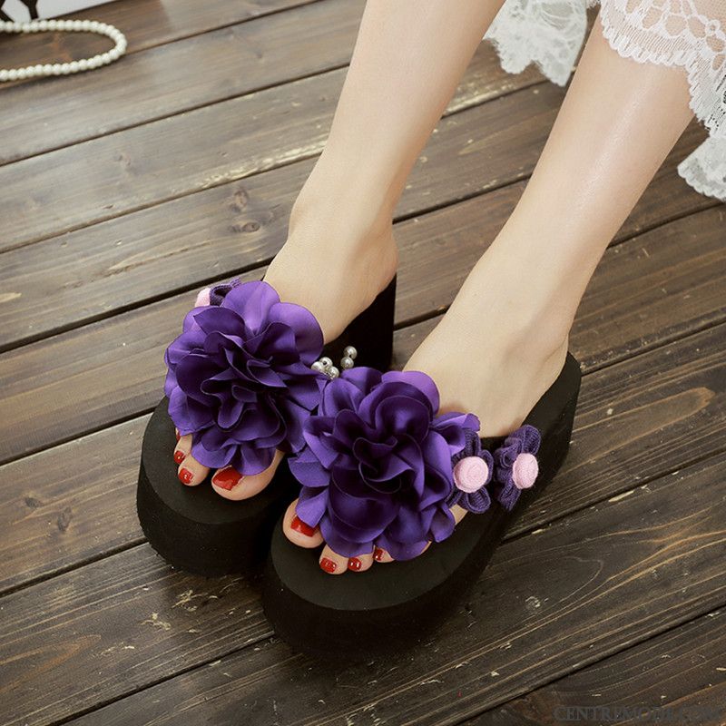 Tongs Femme Été Fleurs Outwear Tongs Chaussons Semelle Épaisse Talons Hauts Violet