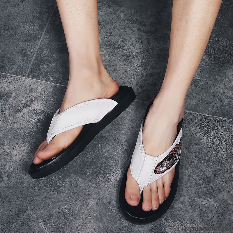 Tongs Homme Décontractée Cuir Véritable Tendance Antidérapant En Cuir Été Blanc