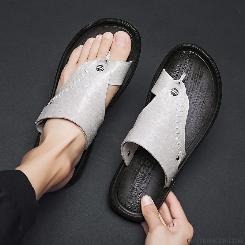 Tongs Homme Outwear Personnalité En Cuir Été Sandales Plage Gris